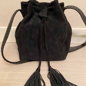 Black Suede Drawstring Shoulder Bag